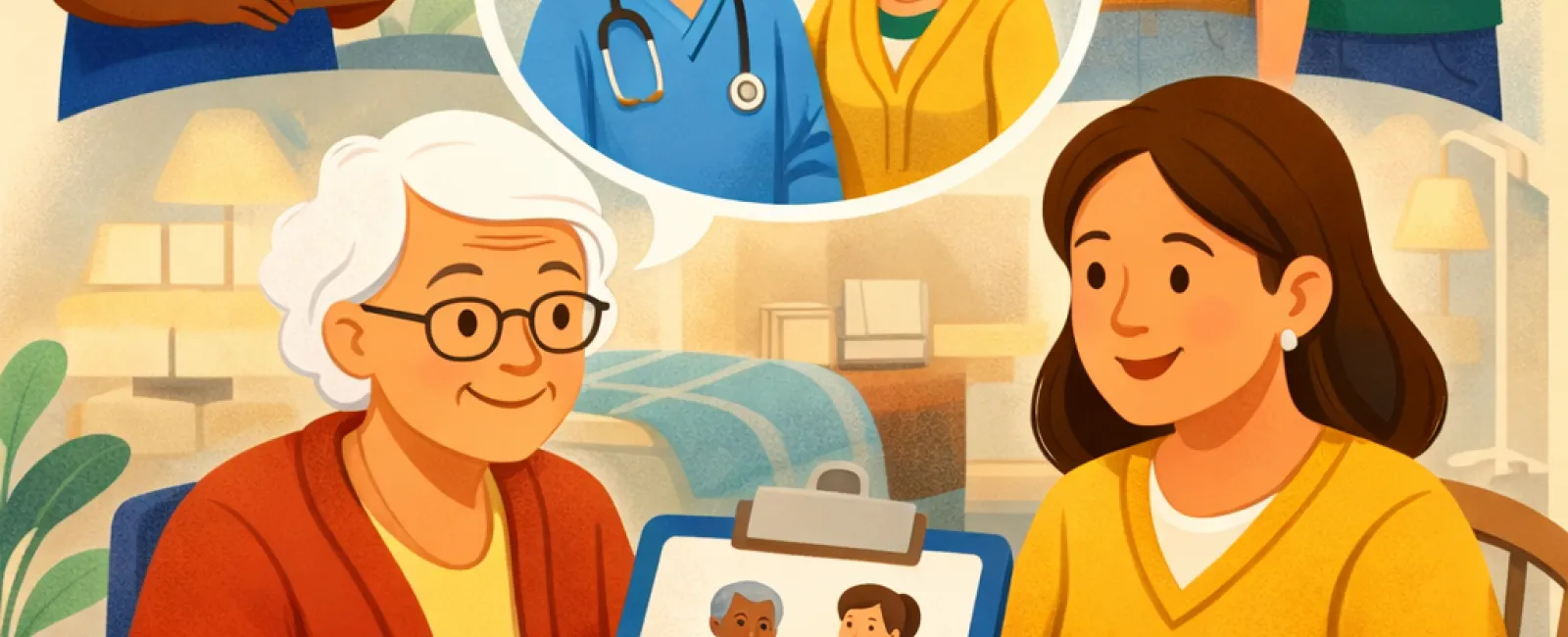 Elderly woman consults with younger woman about doctors and medication during home visit for healthcare decisions.