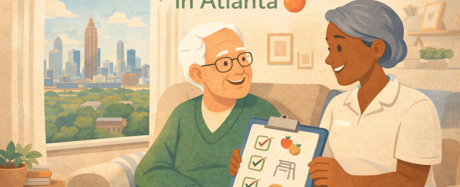 Elderly man and caregiver discuss home care checklist in a cozy room with Atlanta skyline visible outside window.