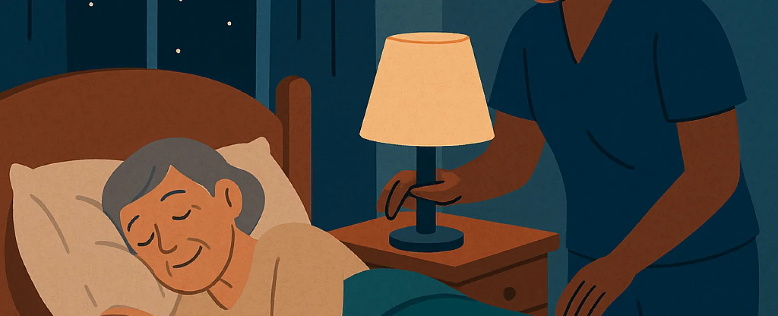 Caregiver turning off bedside lamp for elderly woman peacefully sleeping at night in cozy bedroom.