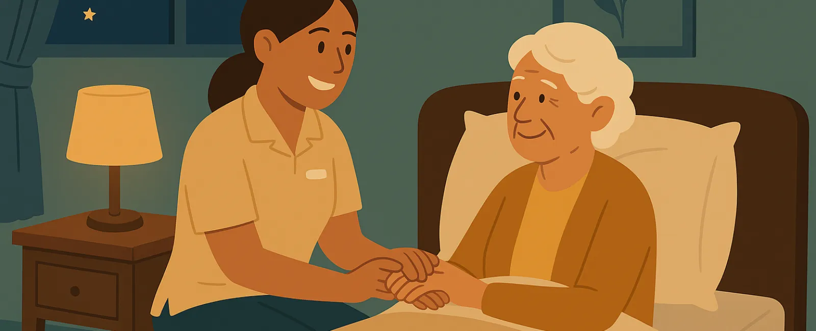 Caregiver holding hands with elderly woman in bed at night, showing support and compassion indoors.