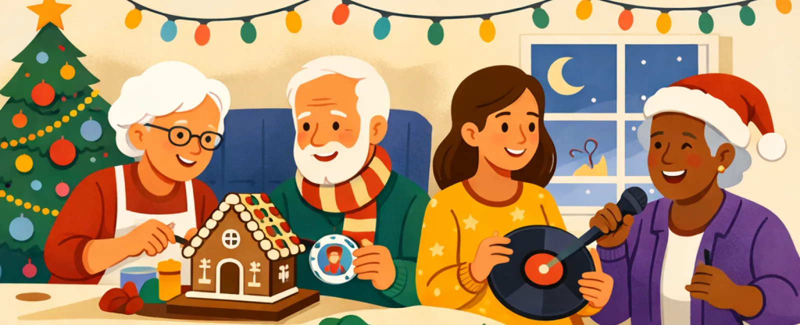 Multi-generational family enjoying diverse holiday traditions with decorations, music, gifts, and festive meals.