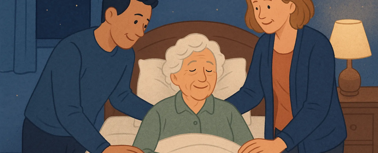 Family members comforting an elderly woman in bed at night under a crescent moon and starry sky.