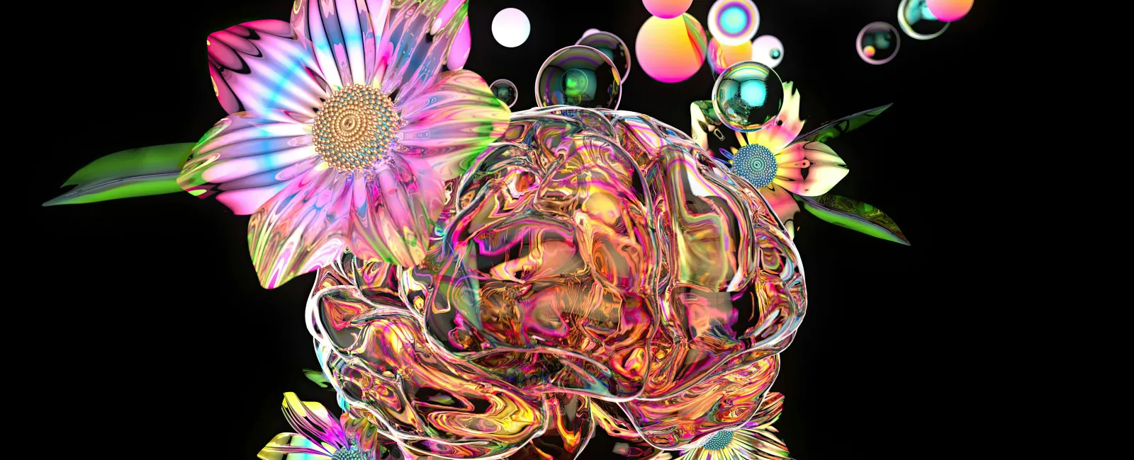 Transparent iridescent brain surrounded by colorful flowers and floating bubbles on black background