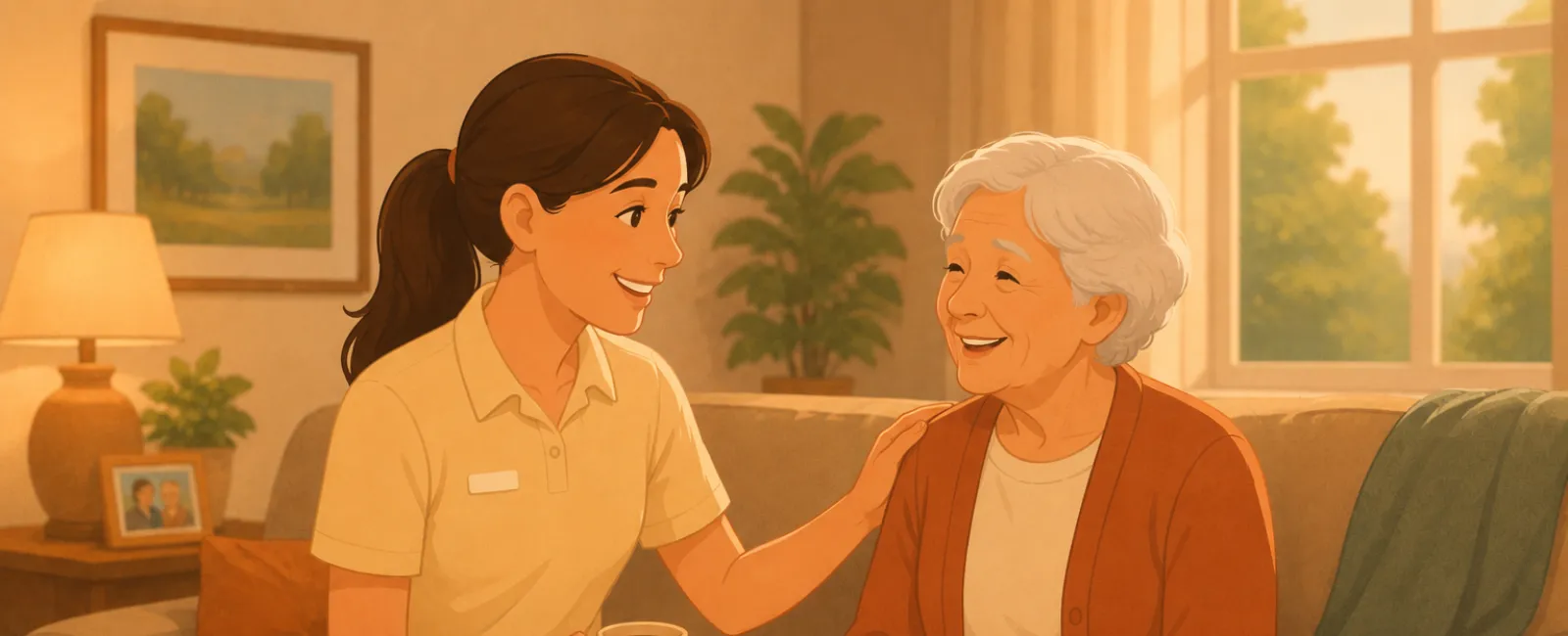 Caregiver and elderly woman sharing a warm moment drinking coffee on a cozy living room sofa