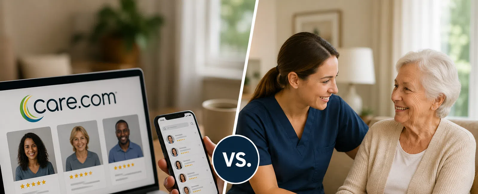 Comparison of online caregiving platform on laptop and phone versus in-person home care nurse with elderly woman.