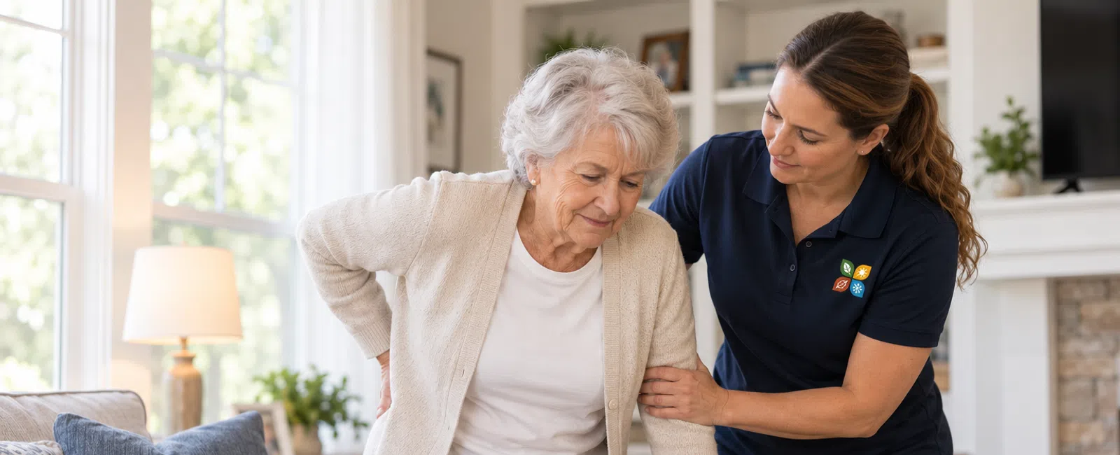Elderly woman with back pain being supported by a female caregiver in a cozy living room setting.