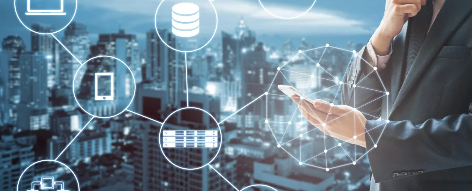Businessman holding smartphone with digital network icons over cityscape representing data connectivity and technology.
