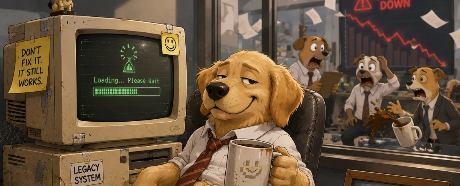 Smug dog in office chair with coffee by legacy computer as system fails and coworkers panic outside window.