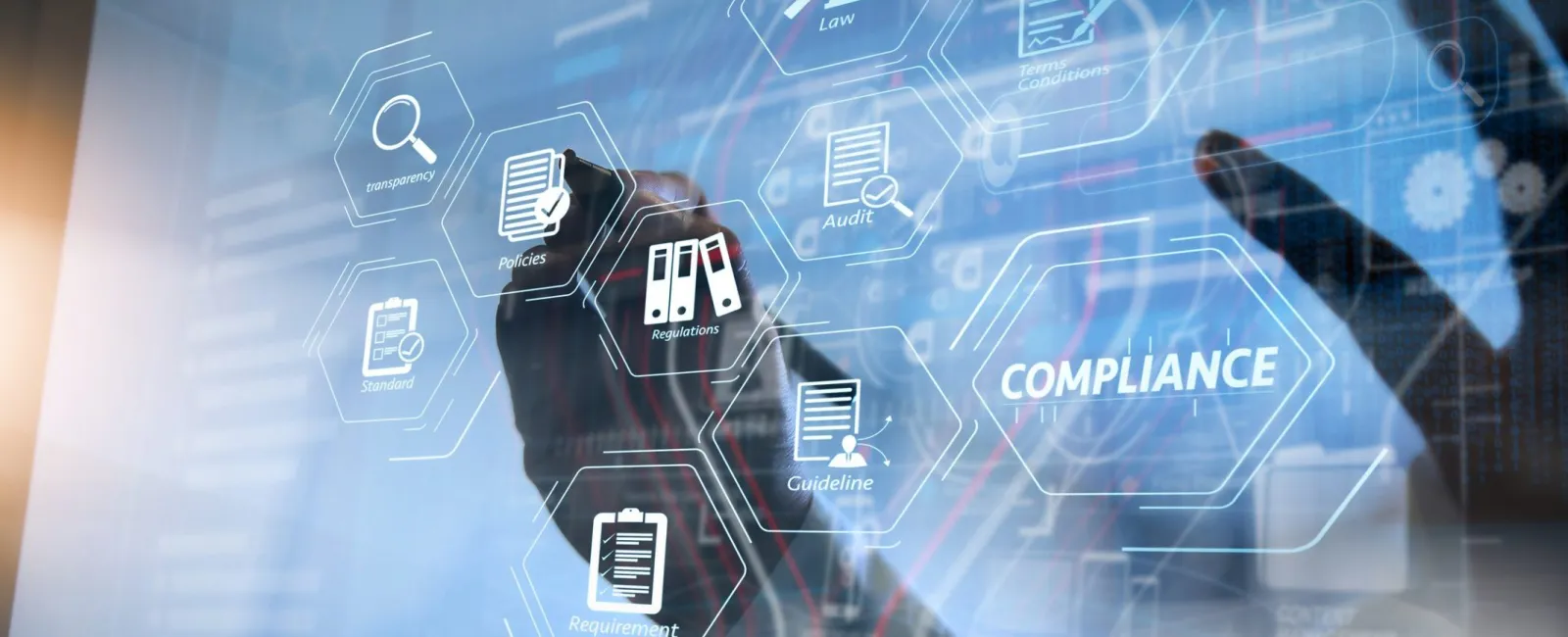 Businessman interacting with digital interface showing compliance, regulations, policies, and audit icons.