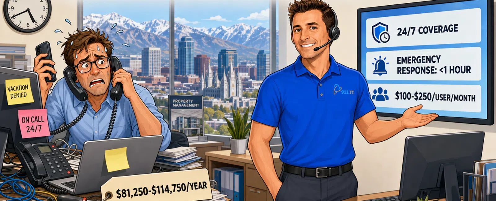 Cartoon: In-House IT vs Managed IT Services for Property Management: Which Is Better?