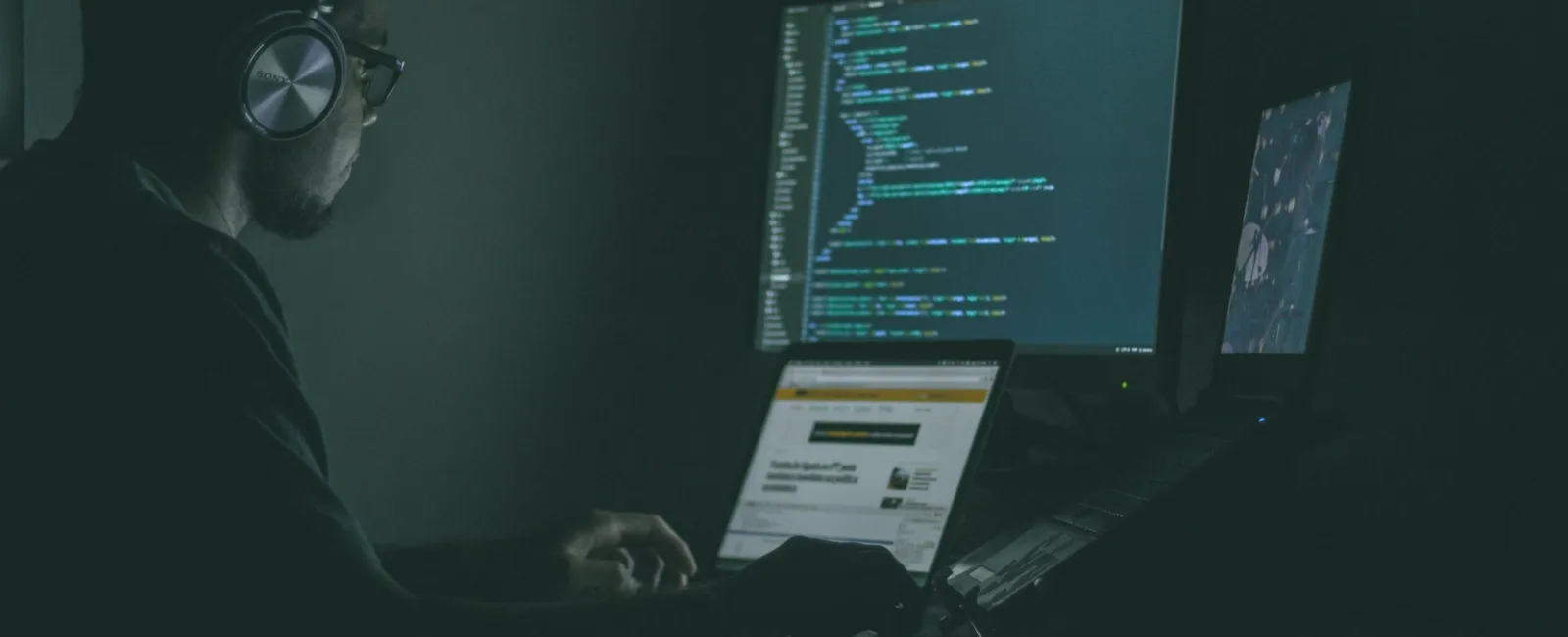 Person wearing headphones working on programming code on multiple computer screens in a dark room