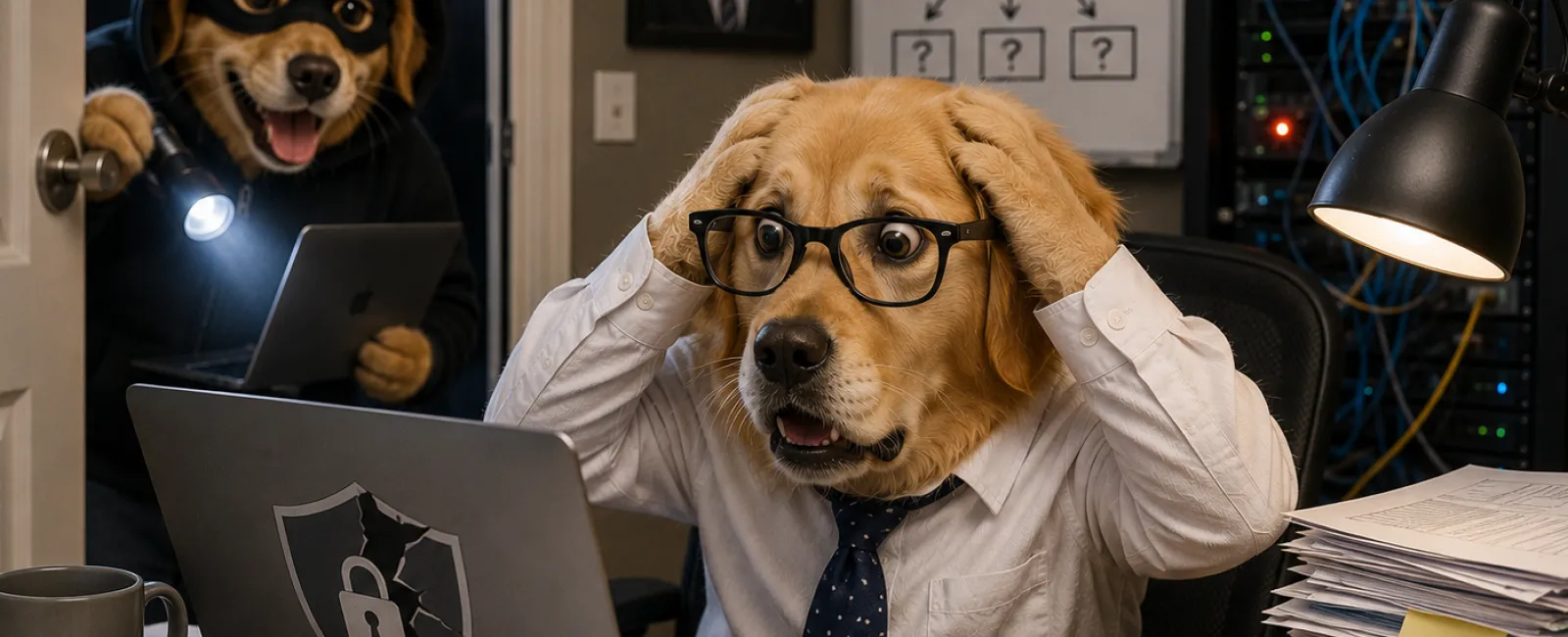 Stressed dog in shirt and tie at laptop with cracked security shield, while masked dog with flashlight breaks in.