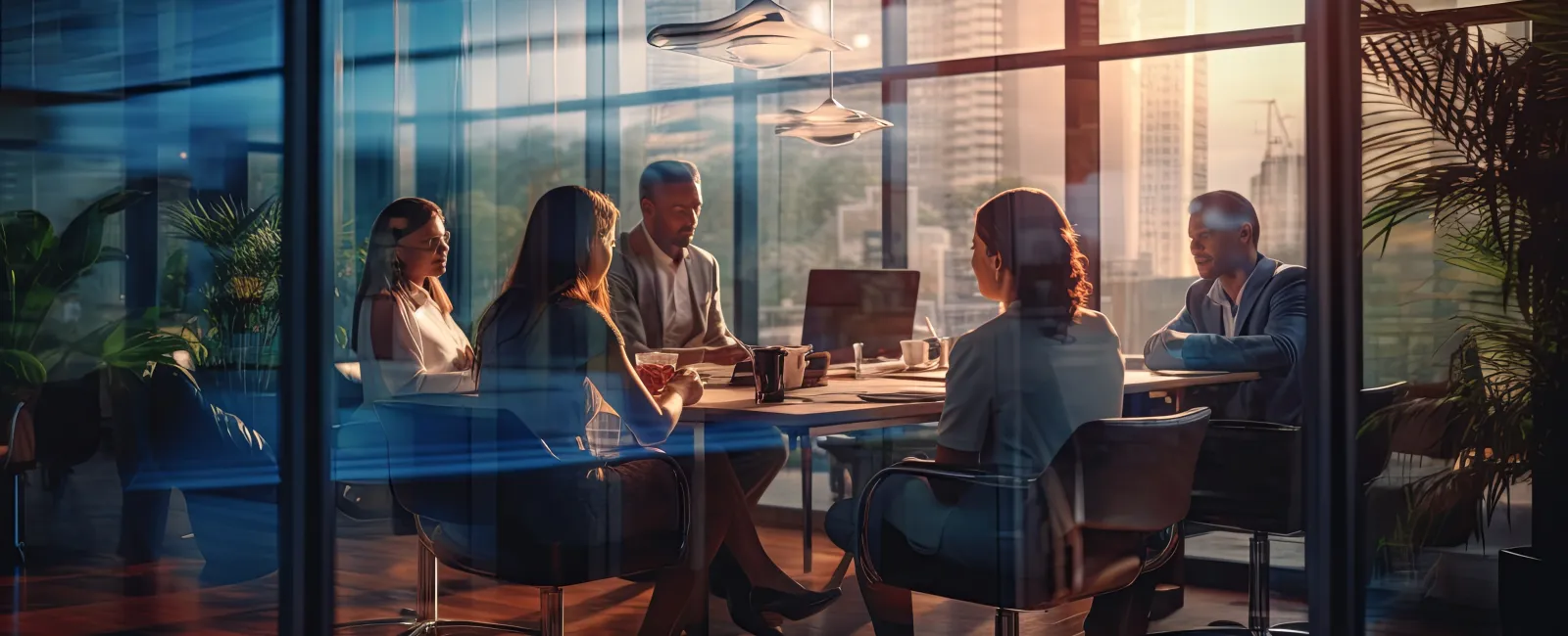 Five colleagues having a business meeting around a table in a modern office with floor-to-ceiling windows at sunset