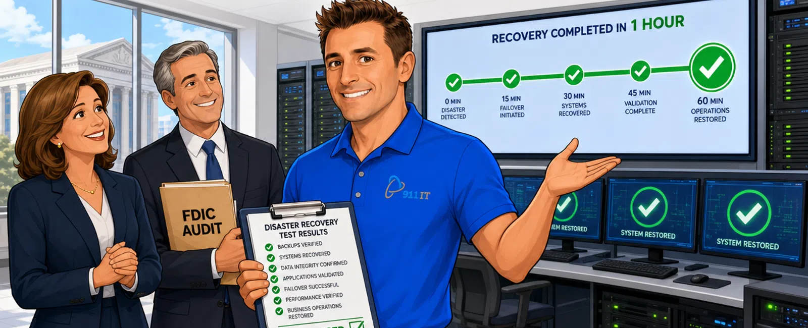 Cartoon: Can you demonstrate your disaster recovery capabilities and help us meet our regulatory requirements for business continuity planni