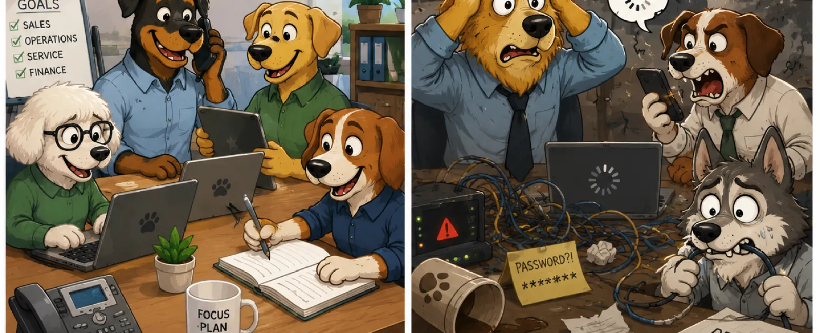Two scenes of dog office workers: successful teamwork with growth plan versus stressed with system down and cancelled meeting.