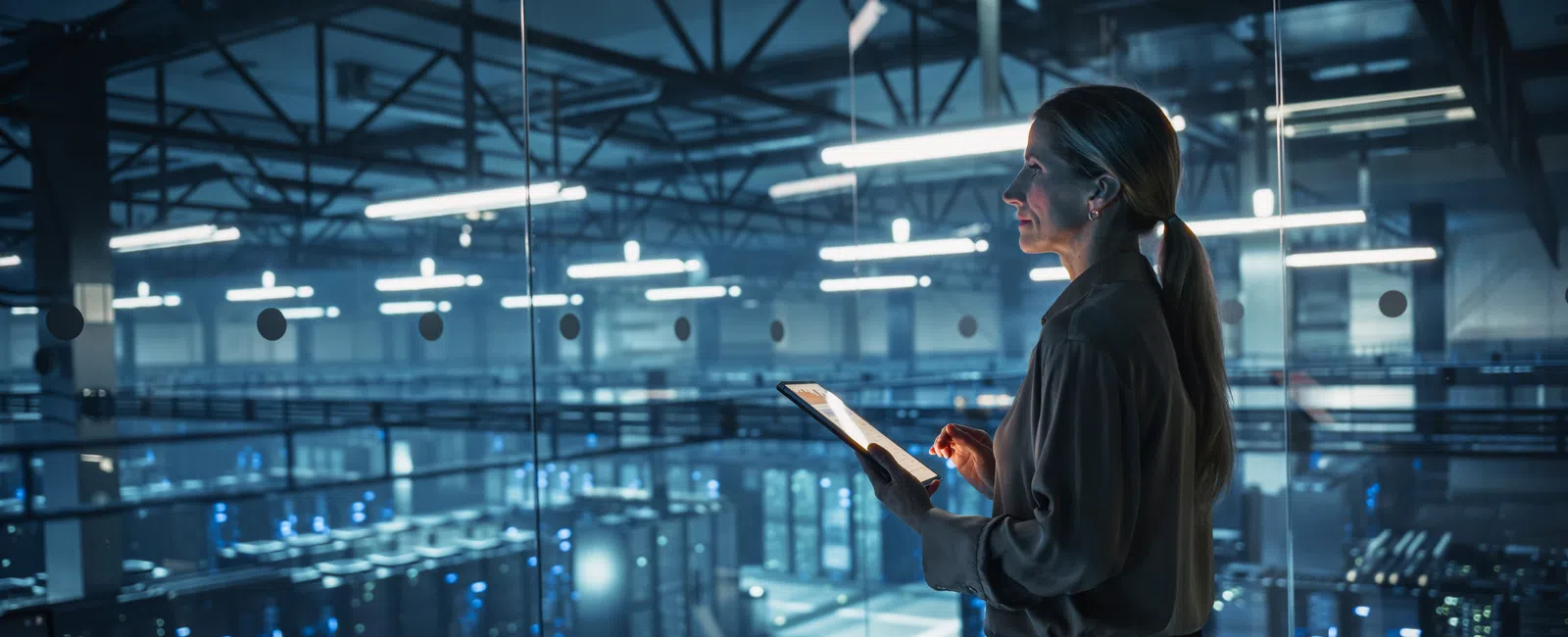 Businesswoman using tablet in a modern data center with illuminated server racks in the background.