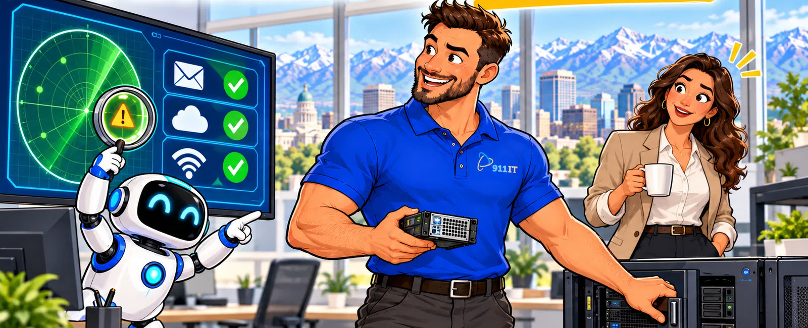 Tech support hero and robot fix IT problems in modern office with cityscape and mountains outside windows.