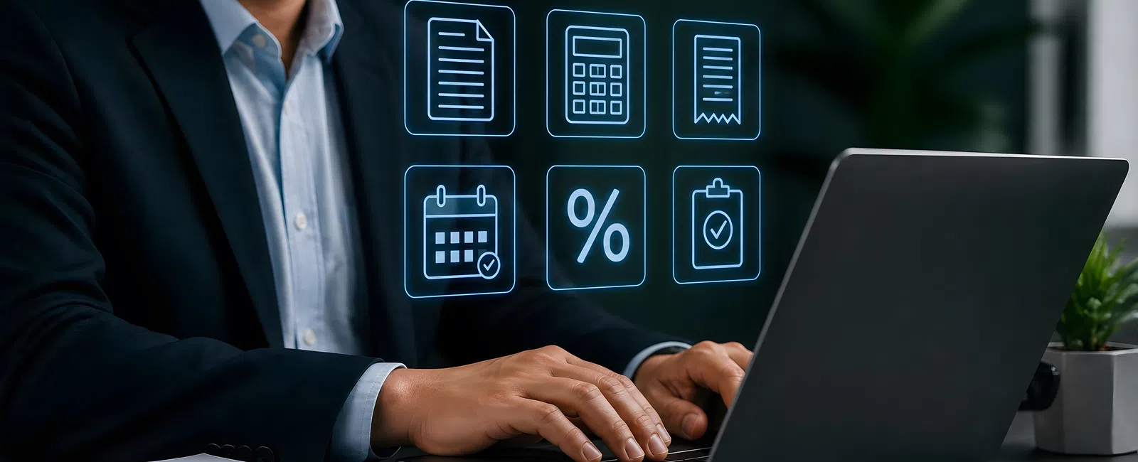 Businessman typing on laptop with digital icons of documents, calculator, calendar, and percentage surrounding him.
