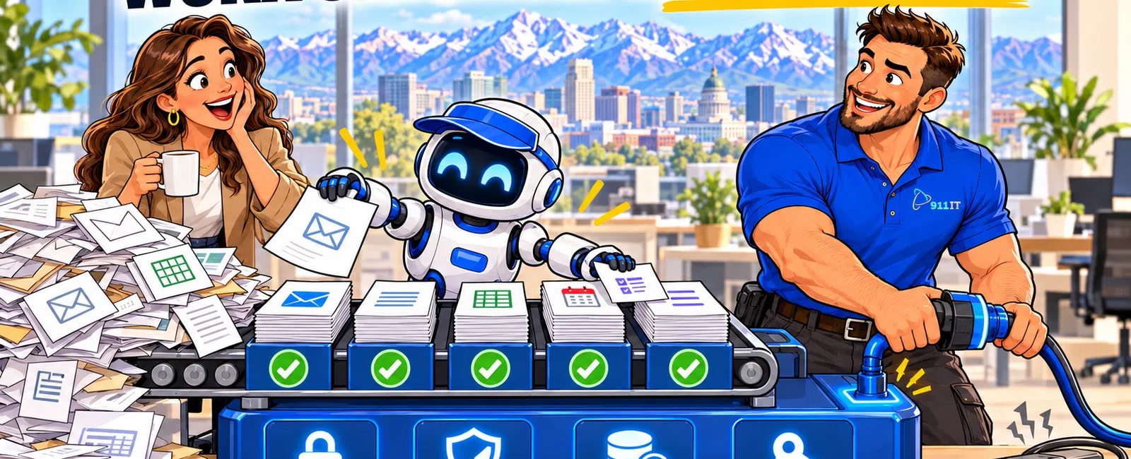 Illustration of a robot sorting documents on a conveyor belt between a woman and a man with cybersecurity icons.