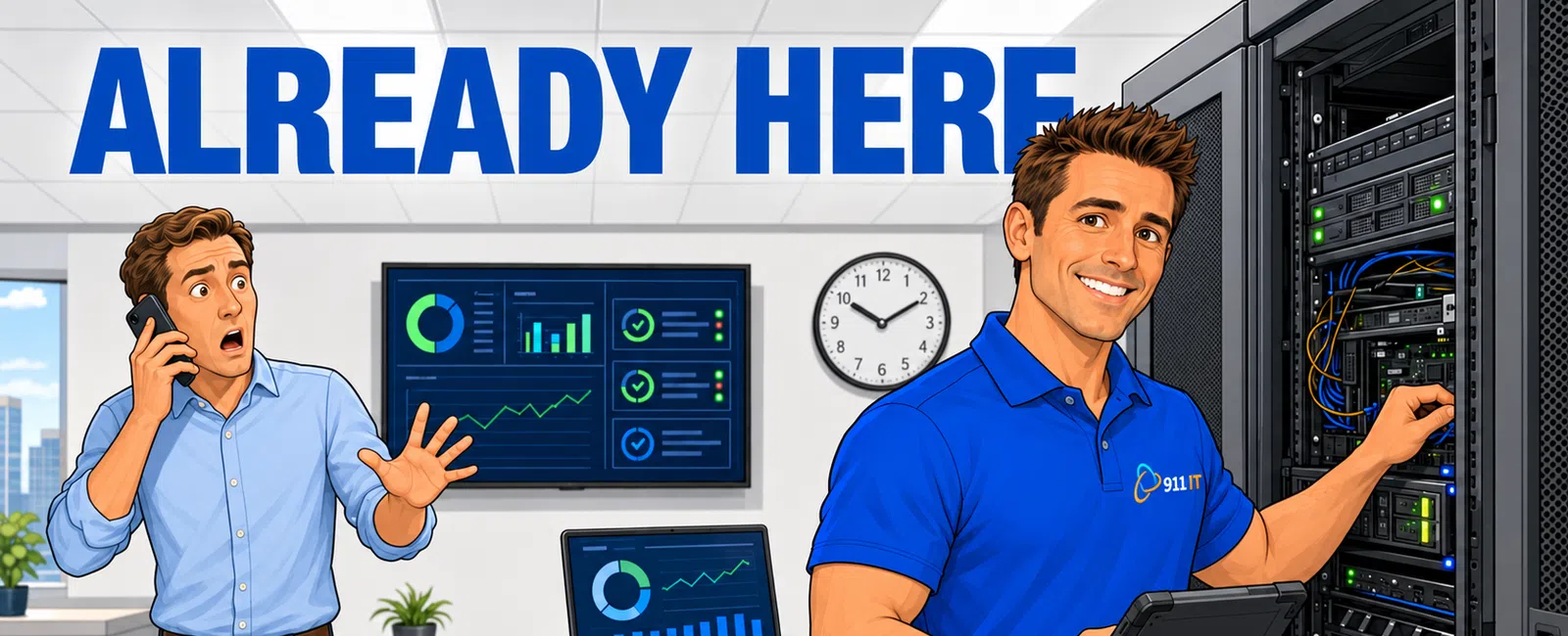 IT technician in blue shirt managing servers with tablet while colleague on phone looks surprised in office.