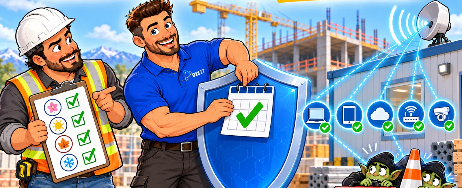 Construction workers with overlaid text Annual Check Year-Round Watch and icons for cybersecurity and surveillance protection.