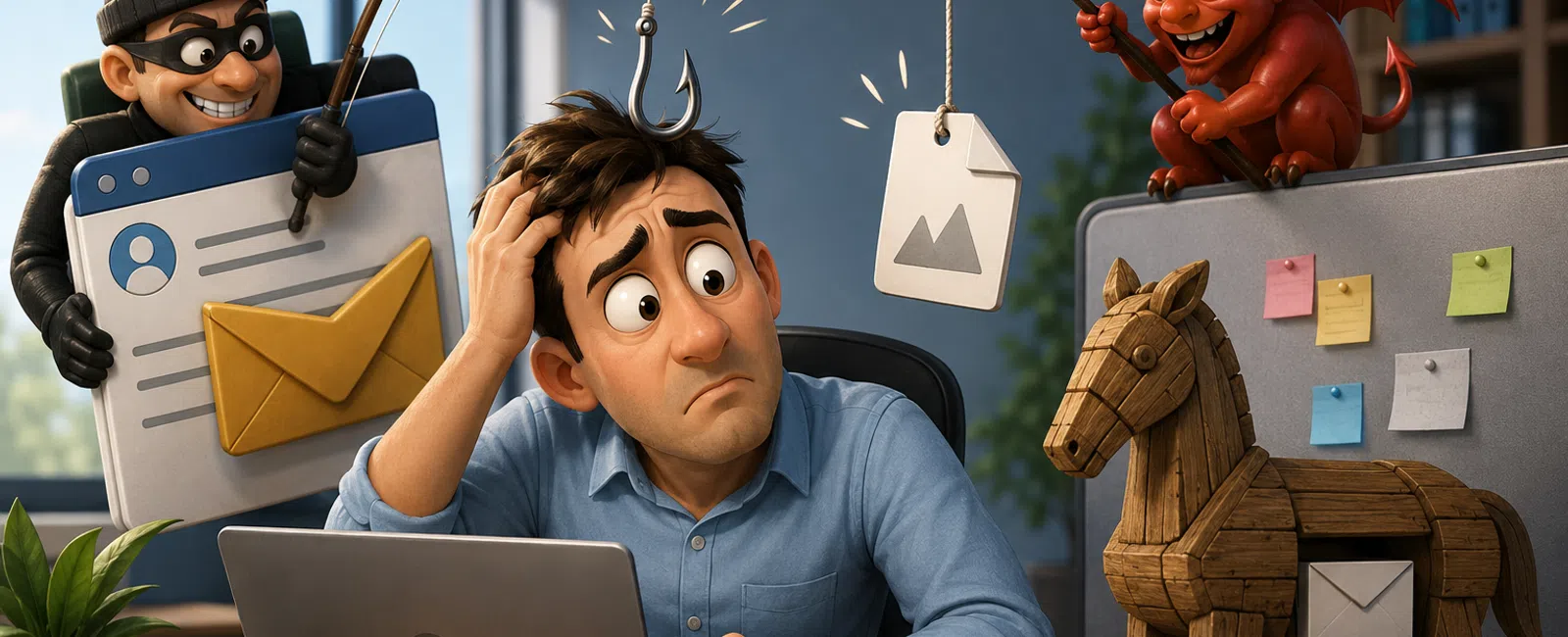 Man at desk confused by phishing scams with thief and devil using fishing hooks as phishing symbols.
