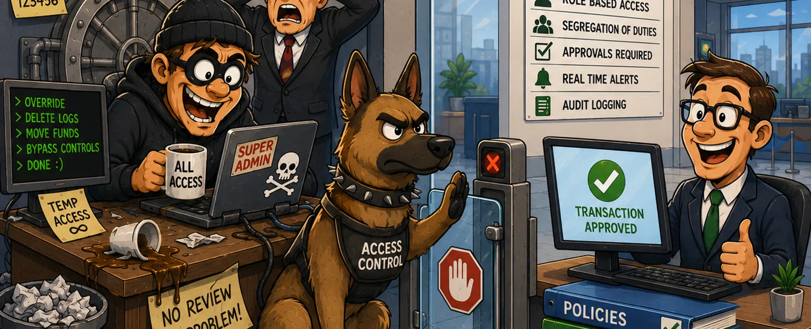 Bank security scene with hacker breaking uncontrolled access and guard dog blocking controlled access area.