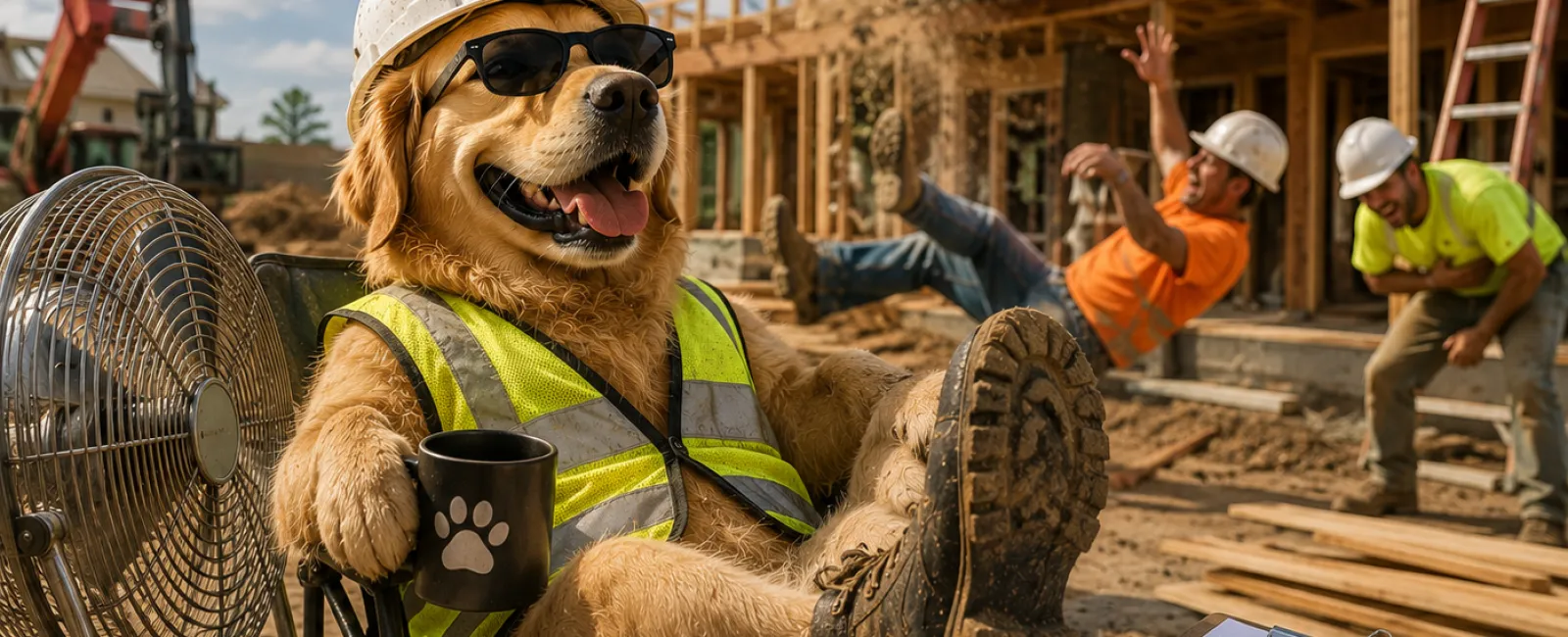 Golden retriever dog in construction gear relaxing while workers accidentally drop a portable toilet behind him.