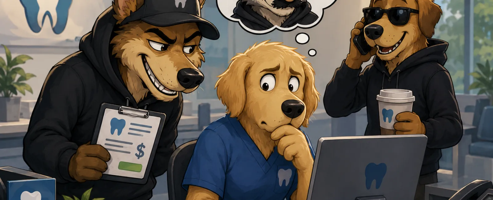 Three anthropomorphic dogs in a dental office showing concern, a plan, and a phone call, with dental imagery around.