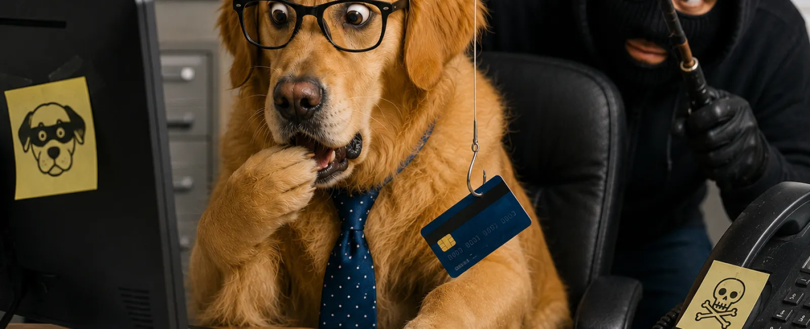 Golden retriever wearing glasses and tie with a fishing credit card scam behind at a desk.