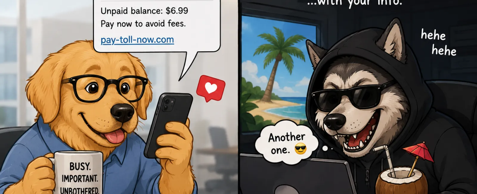 Illustration showing a dog as an employee receiving a toll scam message and a hacker dog exploiting it for data theft.