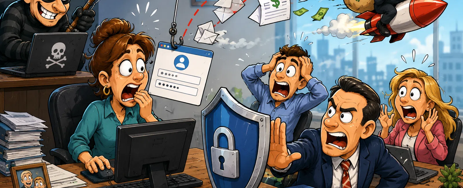 Cartoon office scene with hacker stealing data while employees react in shock and a shield protects against cyber attacks.