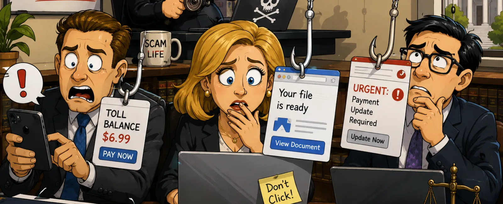 Lawyers worried about scams with phishing hooks on emails, a hacker with a fishing rod, and warnings to verify and avoid suspicious links.