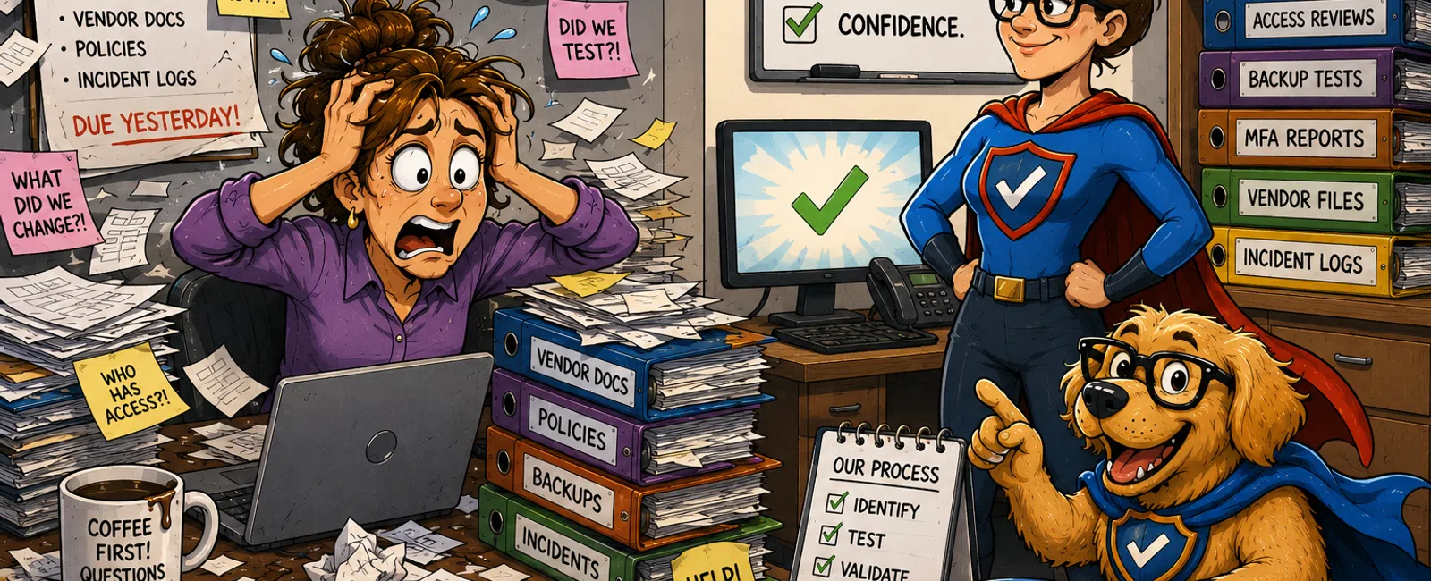 Stressed woman overwhelmed by audit tasks contrasts with confident superhero and dog in an organized office scene