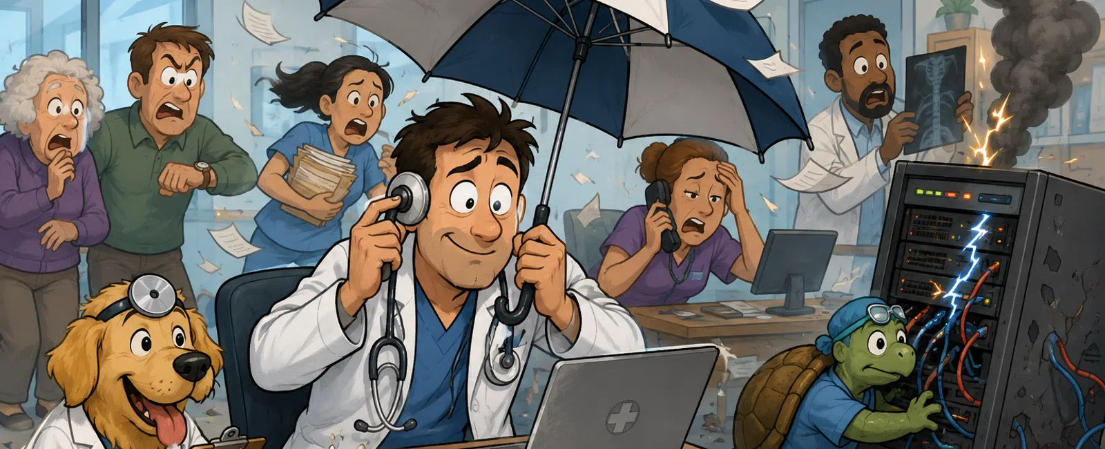 Calm doctor with umbrella listens amid chaos as turtle fixes sparking server and others panic in busy medical office.