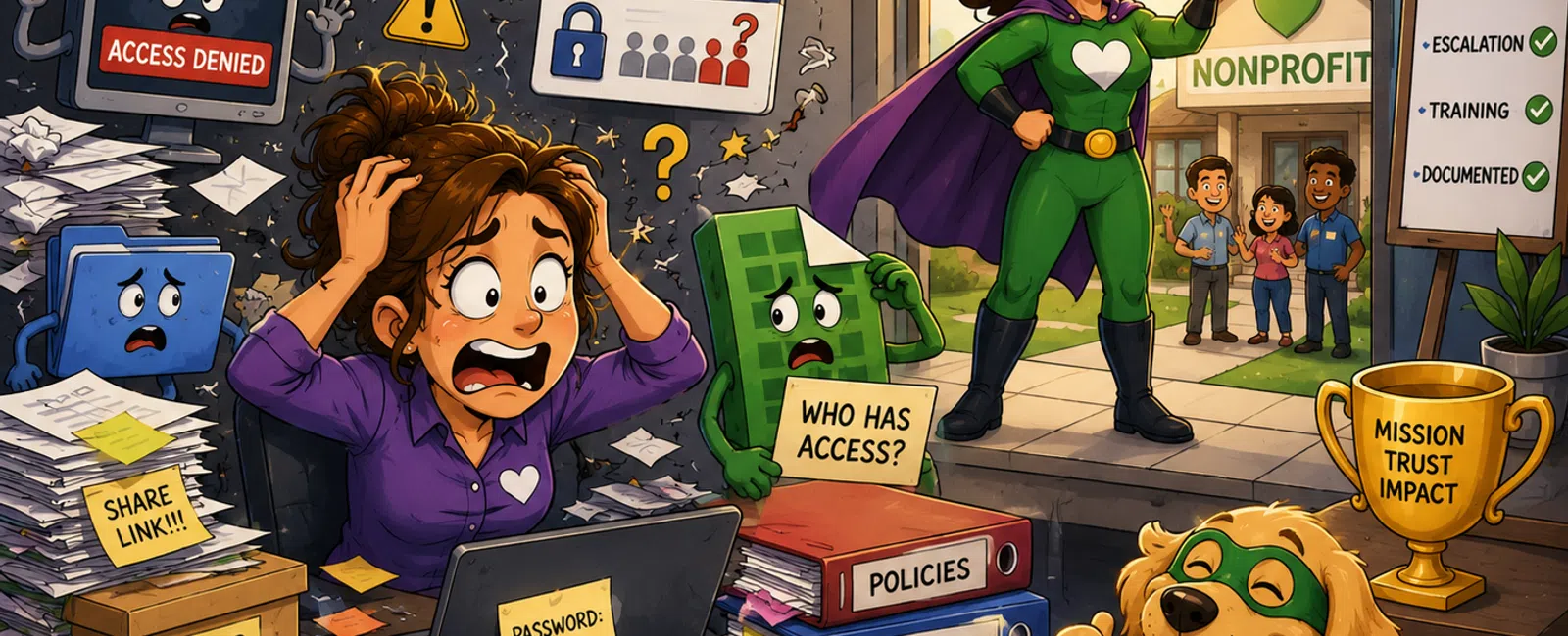 Stressed woman struggling with data security while superhero nonprofit team and dog protect access, trust, and compliance.