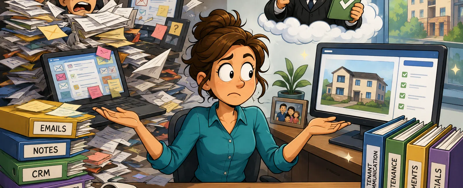 Overwhelmed woman at messy desk contrasts with calm woman and organized files under judge's approval in office.