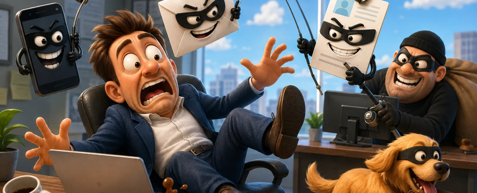 Scared businessman recoils in office as phishing hooks with email, ID, and phone icons threaten data theft by masked thief and dog.