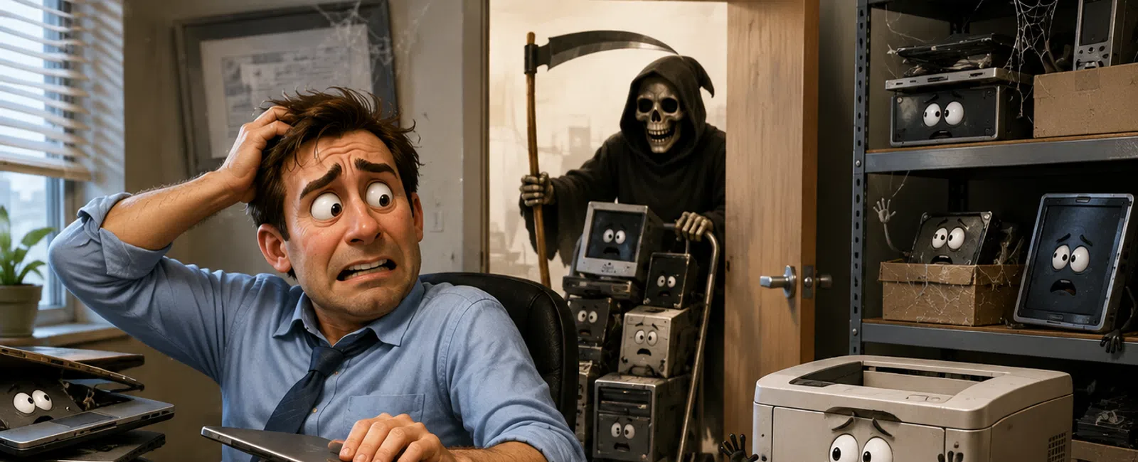 Frightened man surrounded by anthropomorphic tech parts with faces as Grim Reaper enters holding a cart.