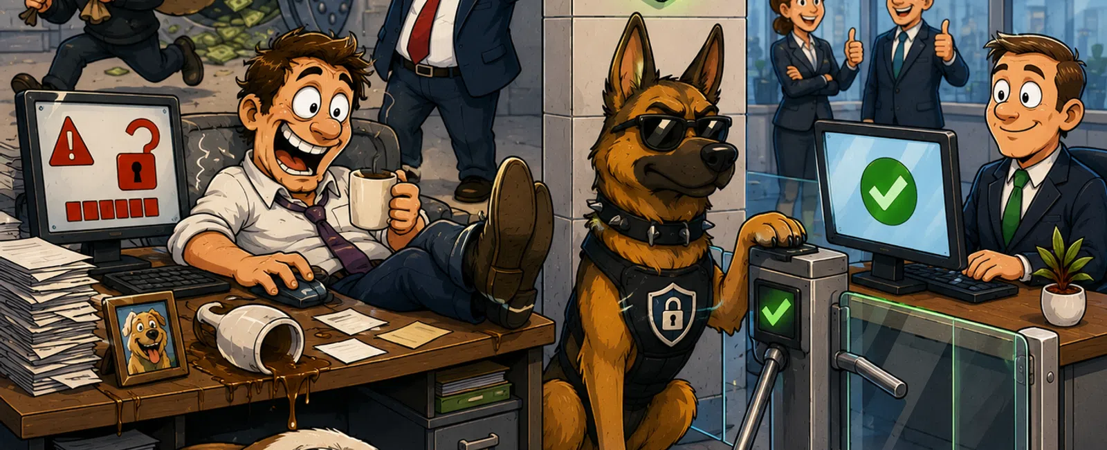Cartoon office scene with security dogs, hacked computer, thief stealing money, and staff approving access safely.