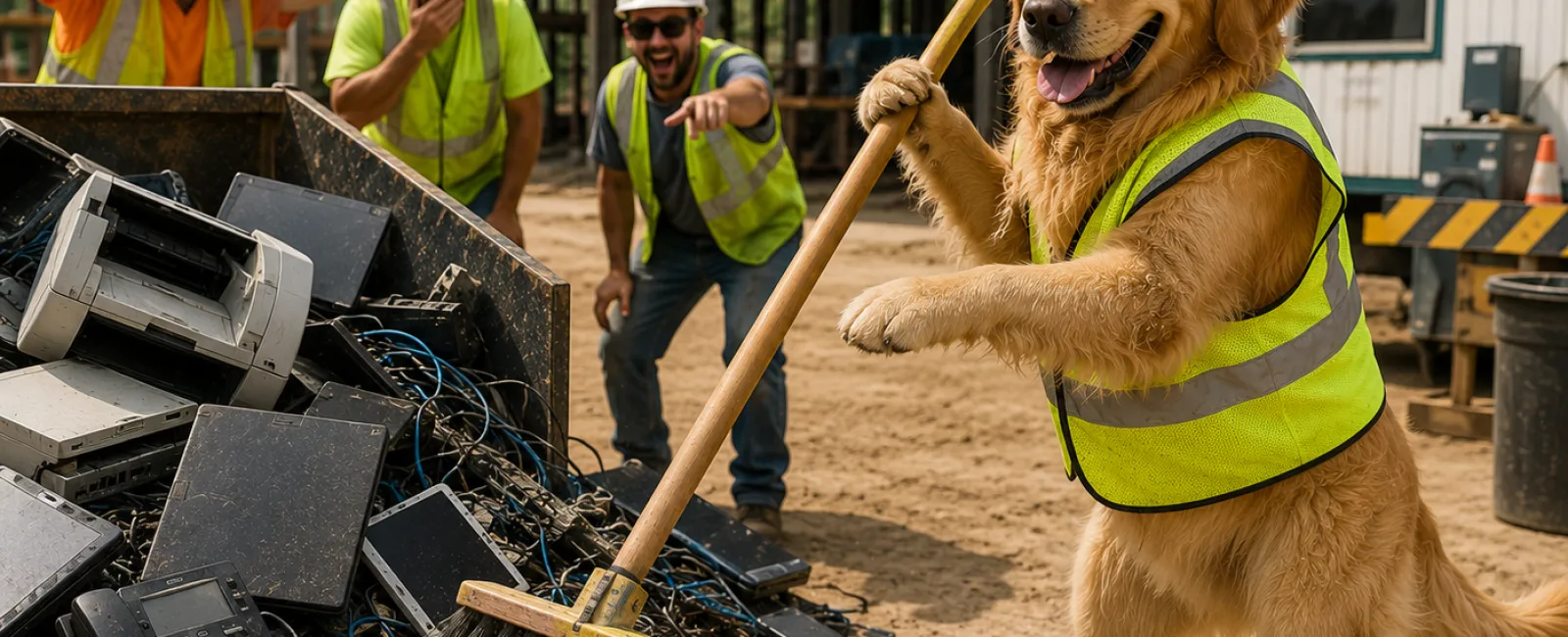 Golden retriever in safety gear sweeping construction site while workers react in shock and amusement.