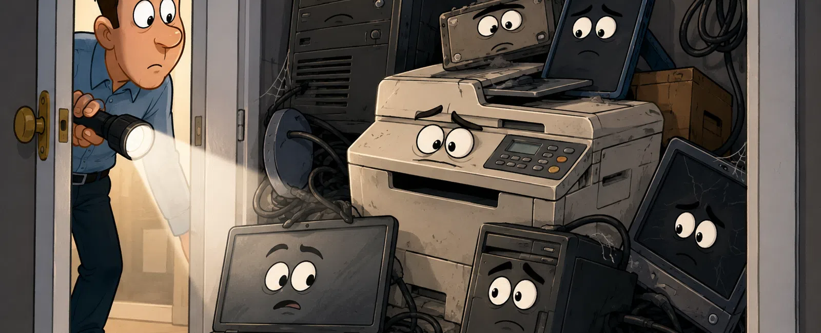 Man with flashlight discovers sad, anthropomorphic old computers and devices in a dusty closet.