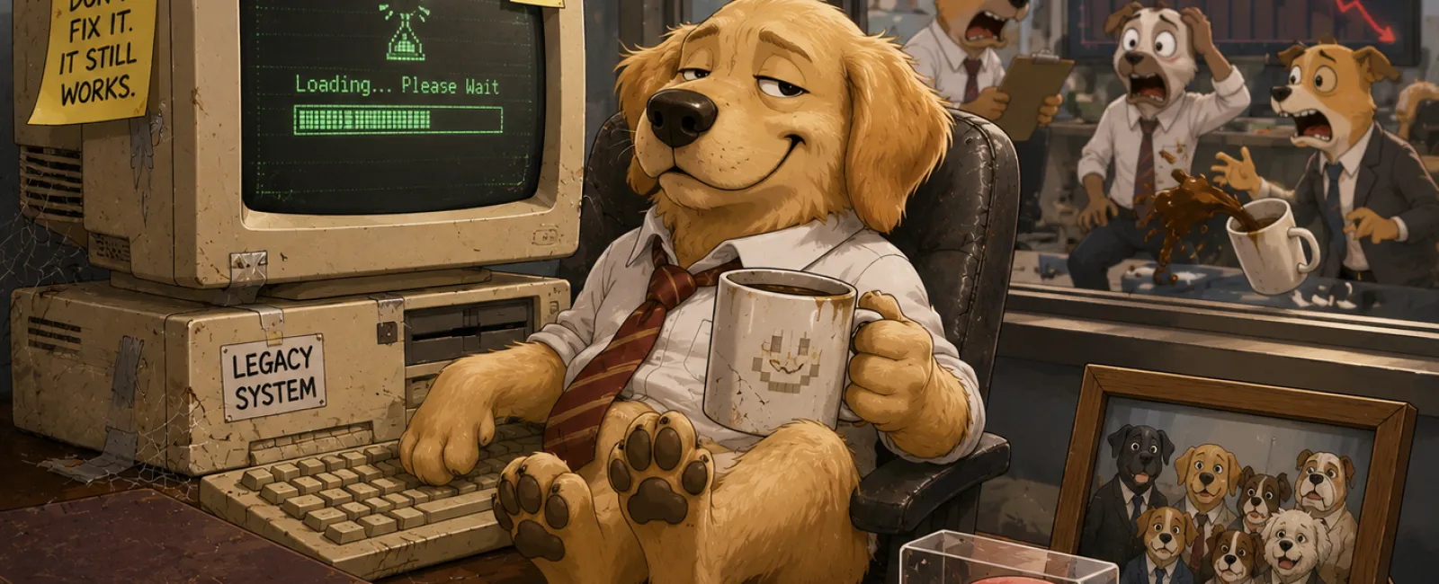 Smug dog in office chair with coffee by legacy computer as system fails and coworkers panic outside window.