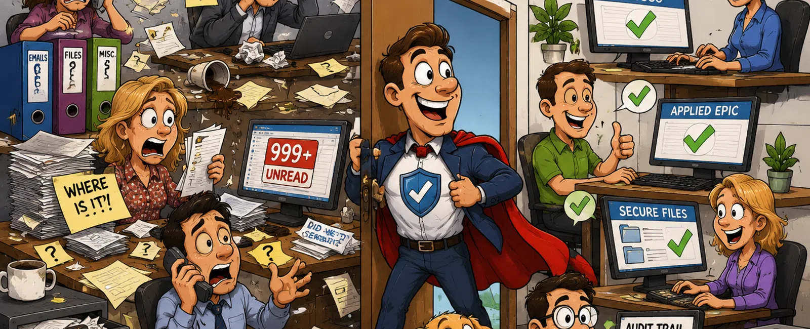 Chaos and confusion with unread messages and lost files outside; organized, secure workspace with checkmarks inside.