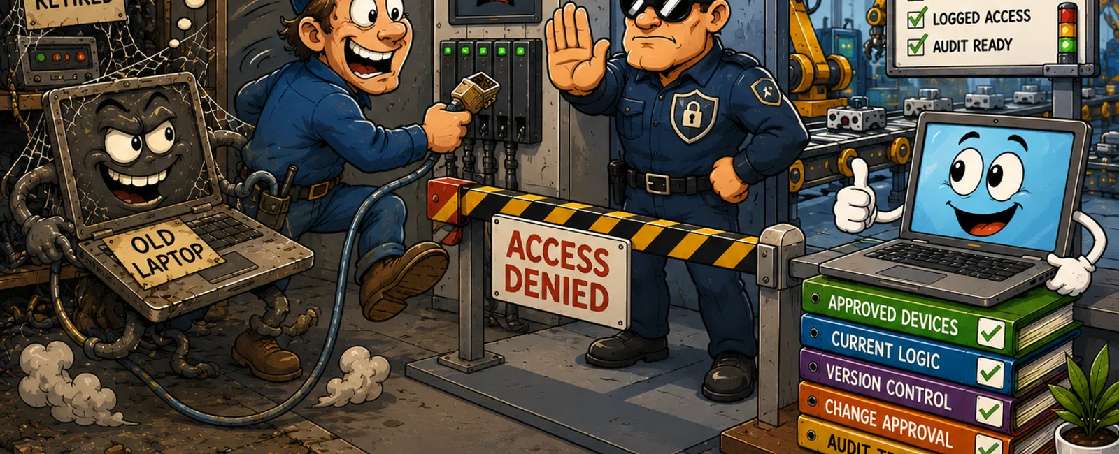 Cartoon showing old laptop causing security risks denied by guard, while controlled system ensures safe, approved access and uptime.