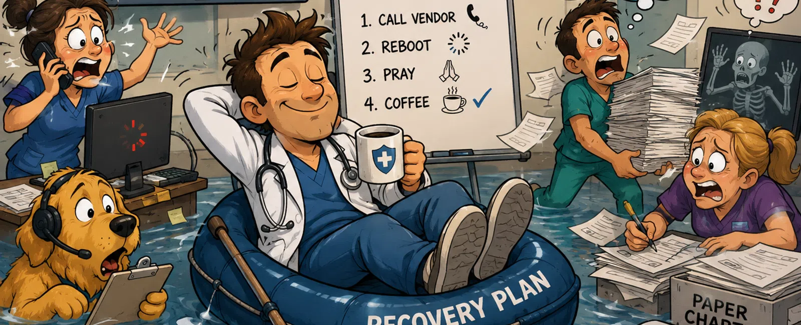 Medical staff stressed as systems are down, relying on a recovery plan involving manual work and coffee to survive.