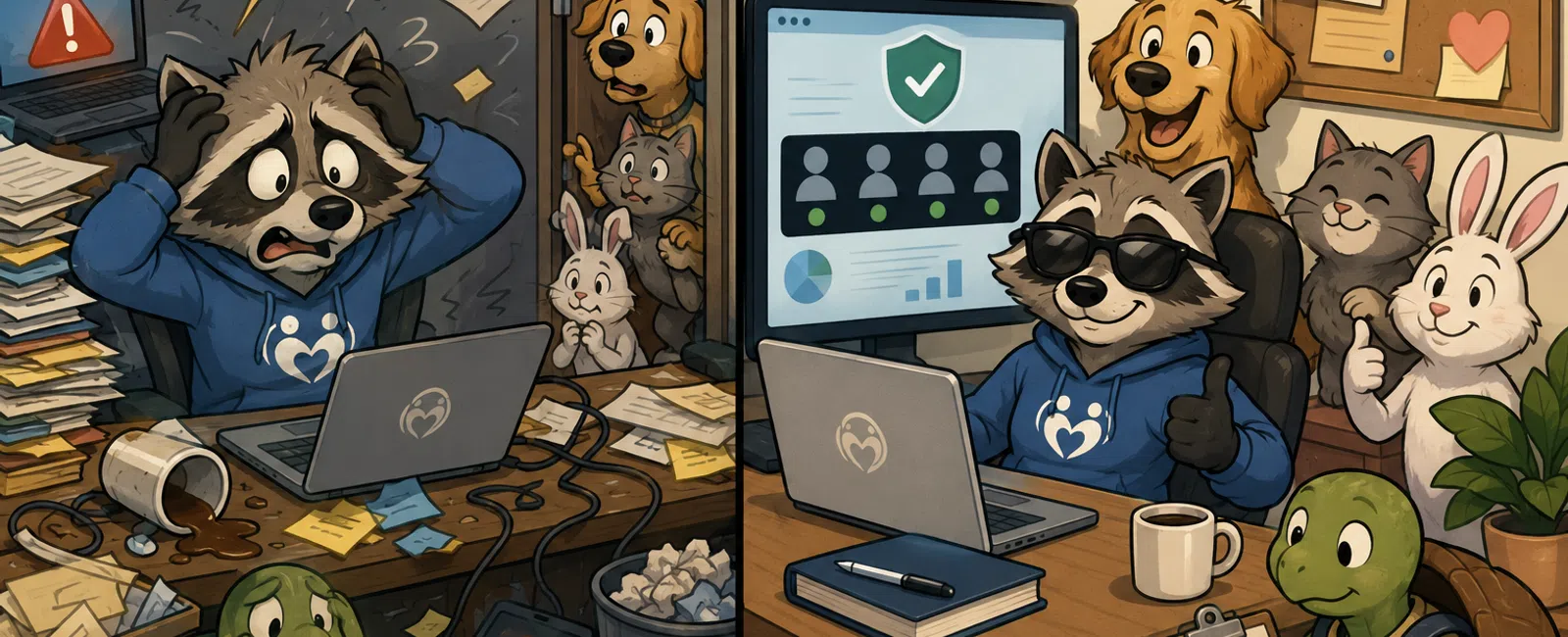 Stressed raccoon at messy desk and calm raccoon with friends at organized desk showing work transformation.