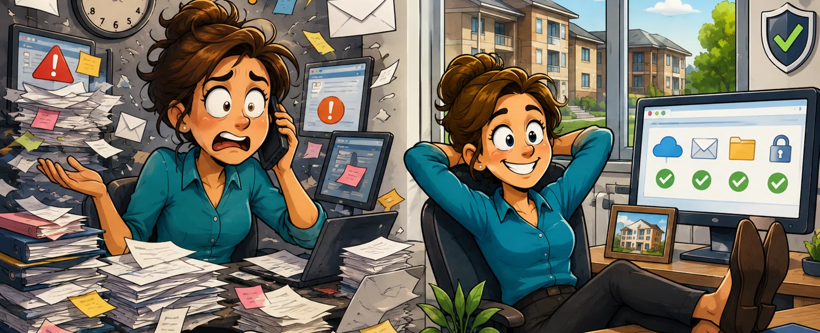 Split image showing a woman stressed with piles of paper and then relaxed with a clean desk and dog in a secure office.
