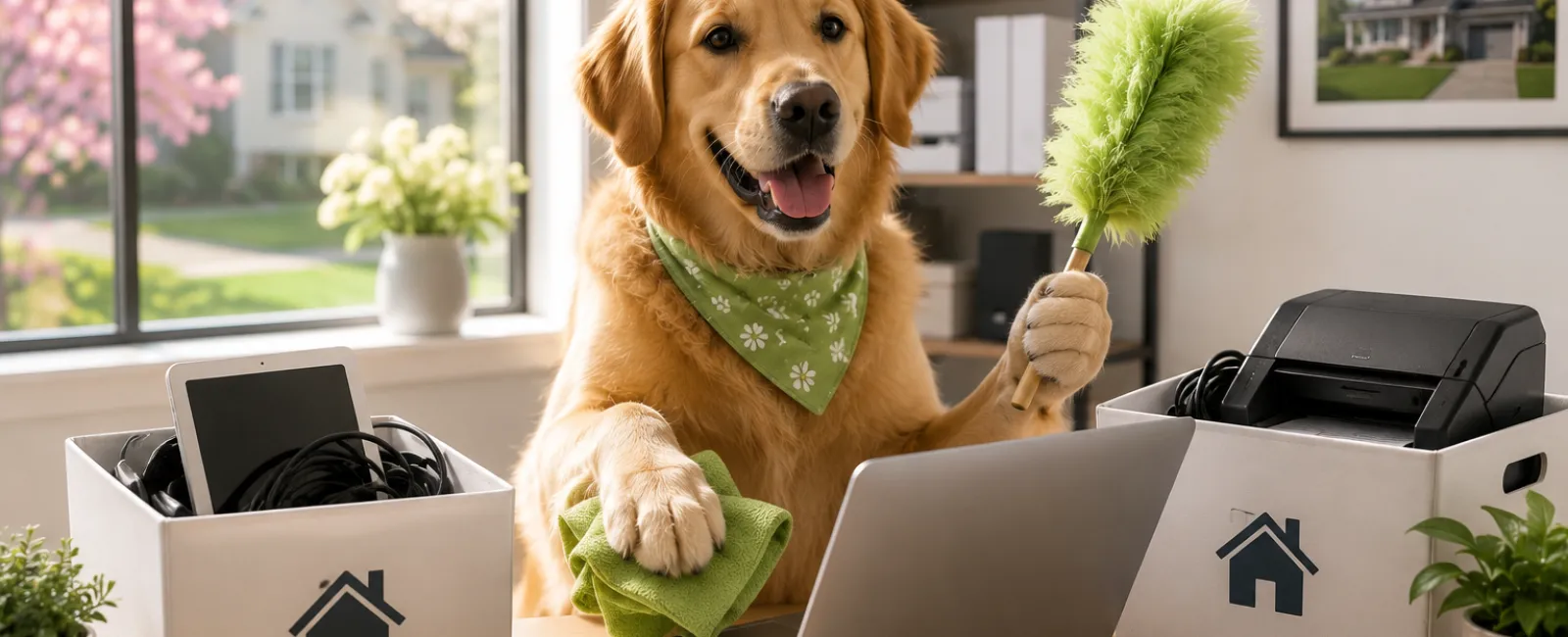 Golden retriever dog cleaning desk with cloth and duster surrounded by office supplies and laptop indoors