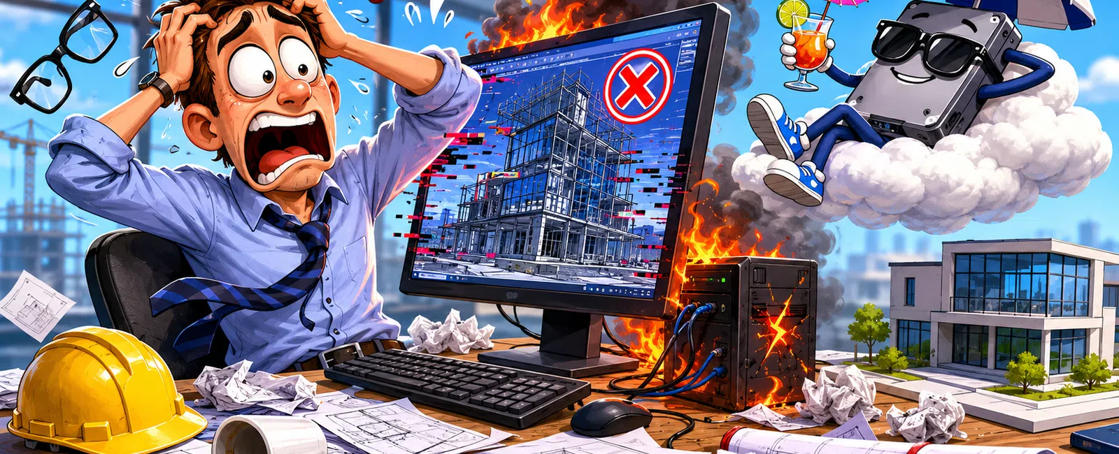 Frustrated architect at desk with burning computer showing a rejected building design, while a relaxed tablet lounges on a cloud.